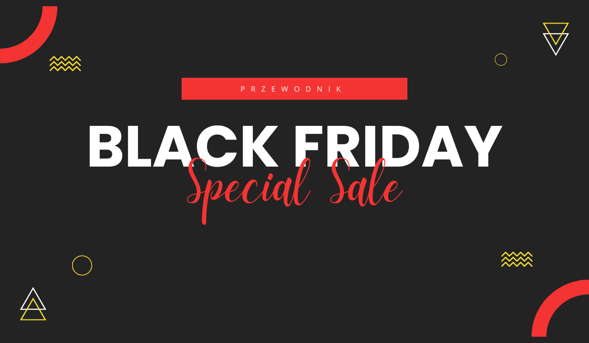 Baner promocyjny Black Friday Special Sale w stylu minimalistycznym z napisem "Przewodnik"