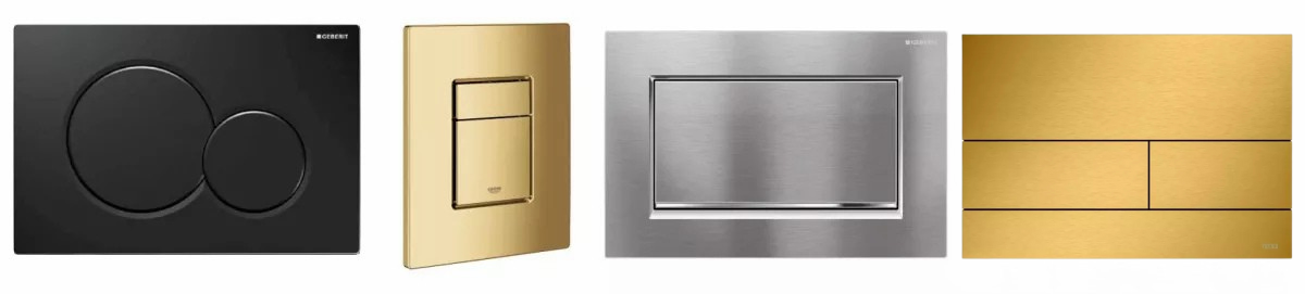  Przyciski splukujace do WC: czarny Geberit, zloty Grohe, stalowy Geberit i zloty Tece – nowoczesne wykończenia do lazienki