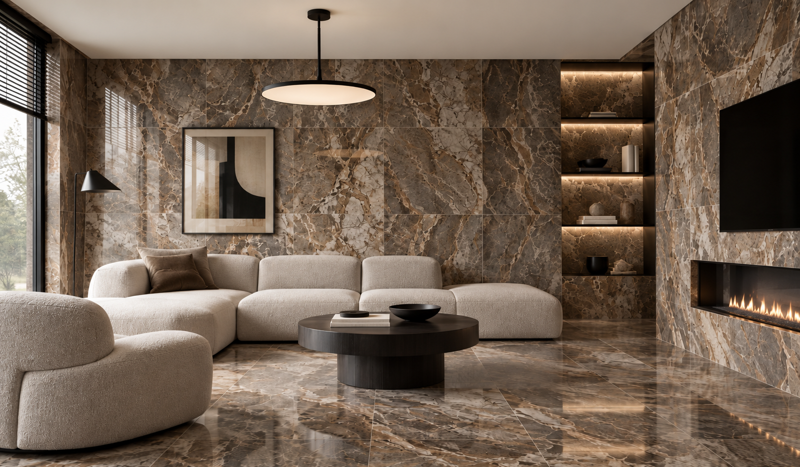 Salon w stylu tile drenching – marmurowe płytki na ścianie, suficie i podłodze