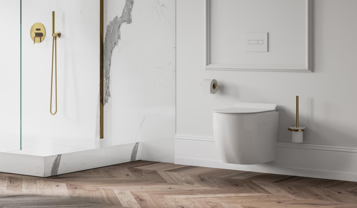 Miska WC podwieszana z serii Omnires Ottawa z eleganckimi złotymi dodatkami