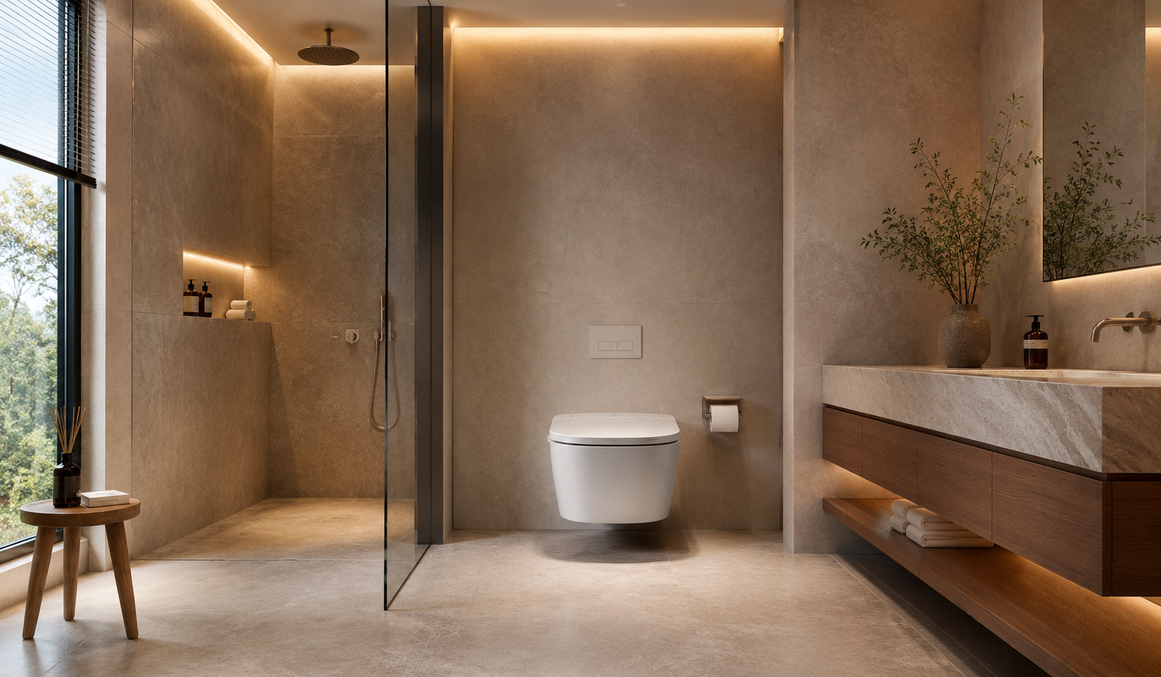 Toaleta myjąca i stelaż podtynkowy w łazience spa